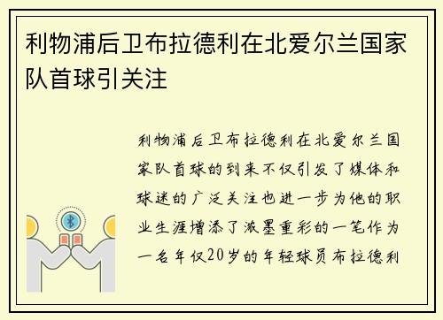 利物浦后卫布拉德利在北爱尔兰国家队首球引关注 利物浦后卫布拉德利在北爱尔兰国家队首球引关注